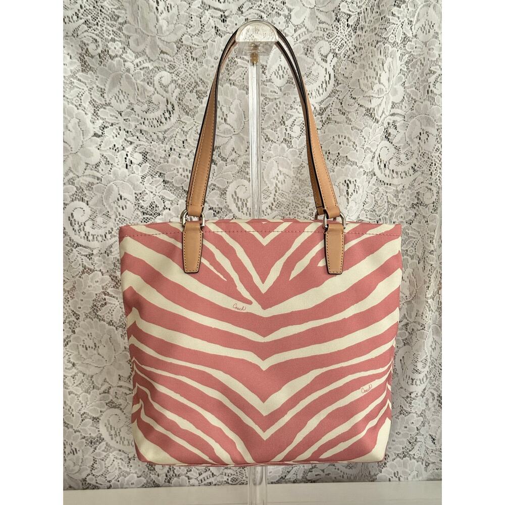 Coach Zebra Print Signature Stripe Tote F23283 Pink White EUC - Picture 4 of 13